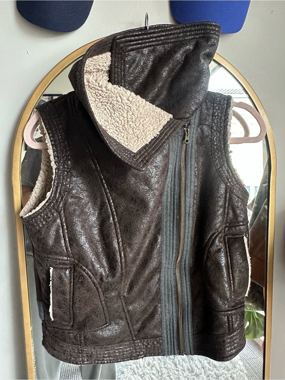 Faux Leather Sherpa-Lined Vest - Dark Brown